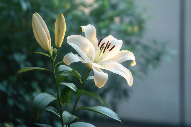 White lily bloom with two closed buds on green stems, softly lit outdoors