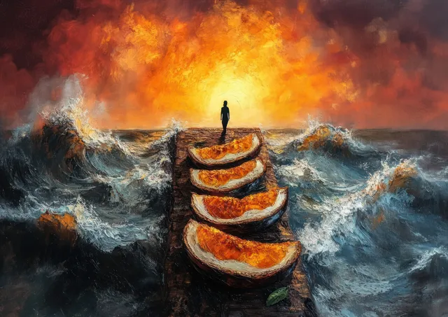 A lone silhouette walks on an orange-slice pier as turbulent ocean waves and a fiery sunset glow behind.