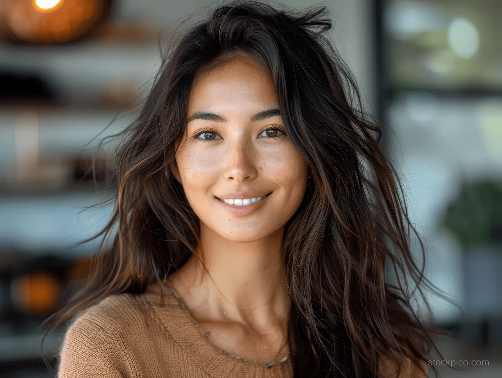 Closeup portrait of a smiling Asian Indian woman with long hair looking at the camera in studio lighting.