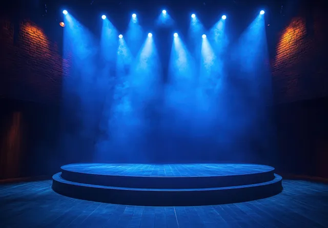 Empty round theater stage lit by blue spotlights and drifting fog