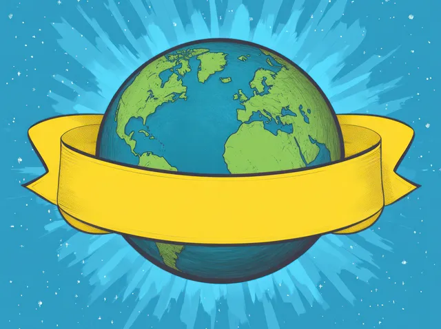 Earth globe illustration with continents, wrapped by a wide blank yellow ribbon over a blue starry space background.