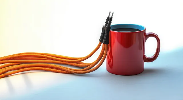 A red coffee mug with orange jumper cables coiled near the handle on a clean white tabletop.