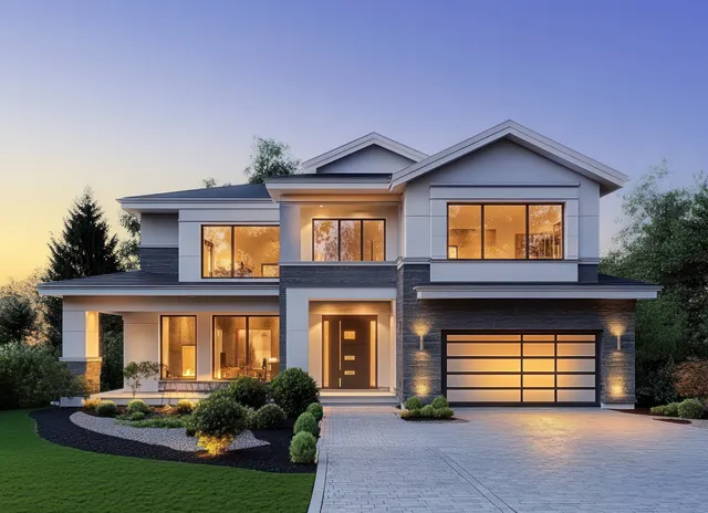 Modern two-story house exterior at twilight with glowing windows and illuminated driveway with Glass And Wood Look