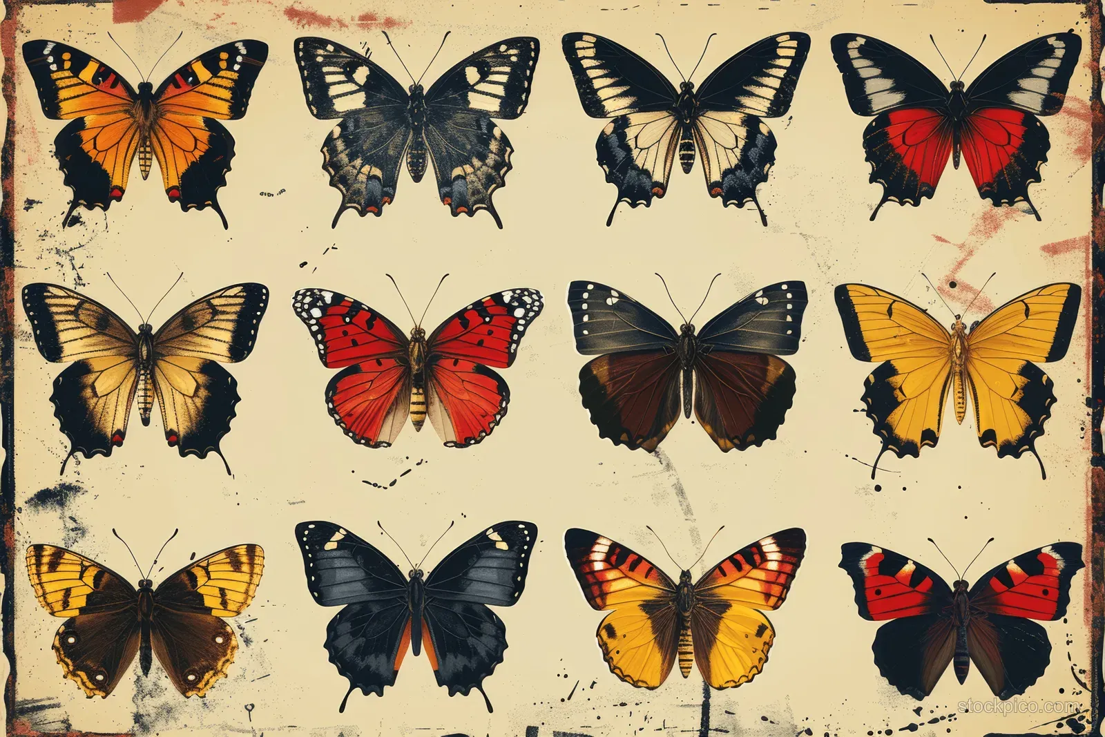 Multiple engraved butterflies and moths arranged in a grid on a warm parchment background with slight vignetting.