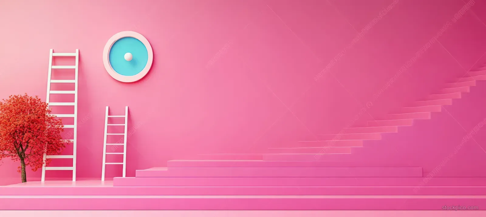 Two ladder rungs rise toward a circular target icon on a glowing pink sunrise gradient backdrop.