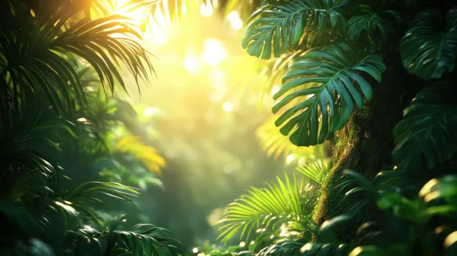 Sunbeams through rainforest canopy illuminating lush monstera leaves and thick tree trunk