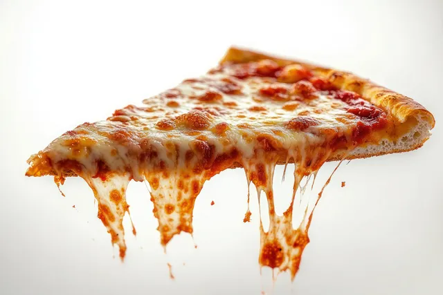Hot cheese pizza slice with stretching melted mozzarella and dripping sauce over a white background.