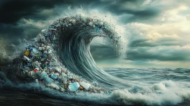 Plastic trash wave crashing under stormy skies at sea