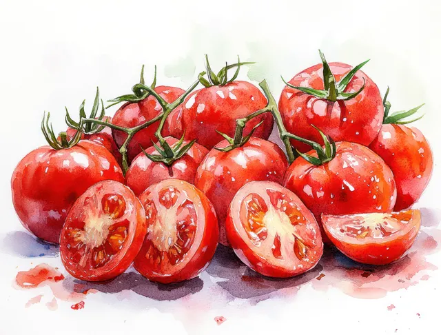 Watercolor cluster of ripe red tomatoes with sliced pieces and leafy stems