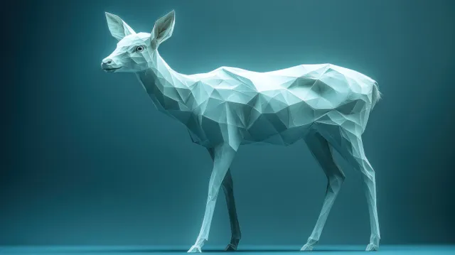 A faceted white deer sculpture posed in profile under soft gradient blue lighting.