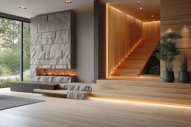 A modern entry hallway with a stone accent wall, warm wood lighting, and minimalist bench beneath a staircase.