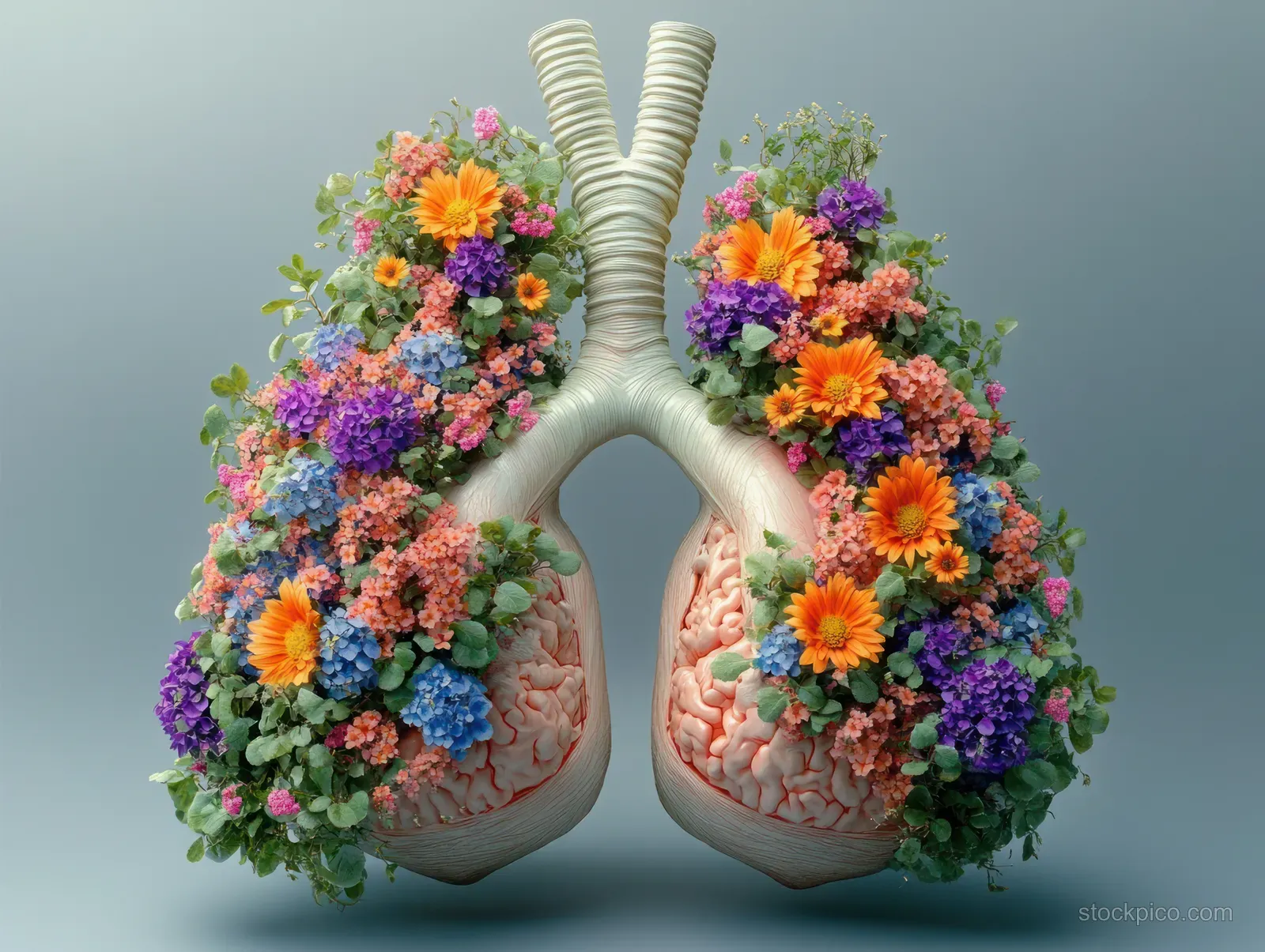 Human lungs surrounded by blooming colorful flowers and green leaves, shown as an anatomical concept against a plain background.
