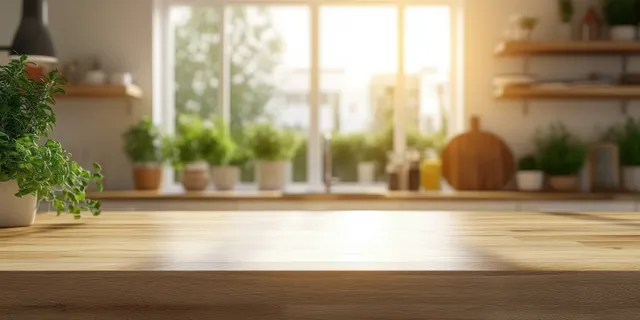 Wooden kitchen countertop in bright sunlight with potted plants along the windowsill and soft interior blur.