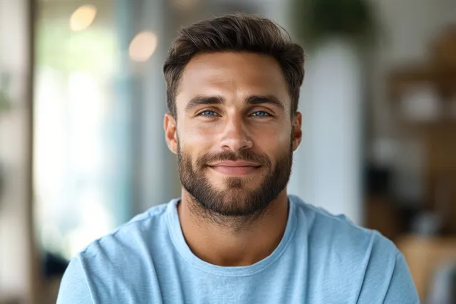 Smiling young African man in a light blue shirt portrait with soft bokeh background and natural light.