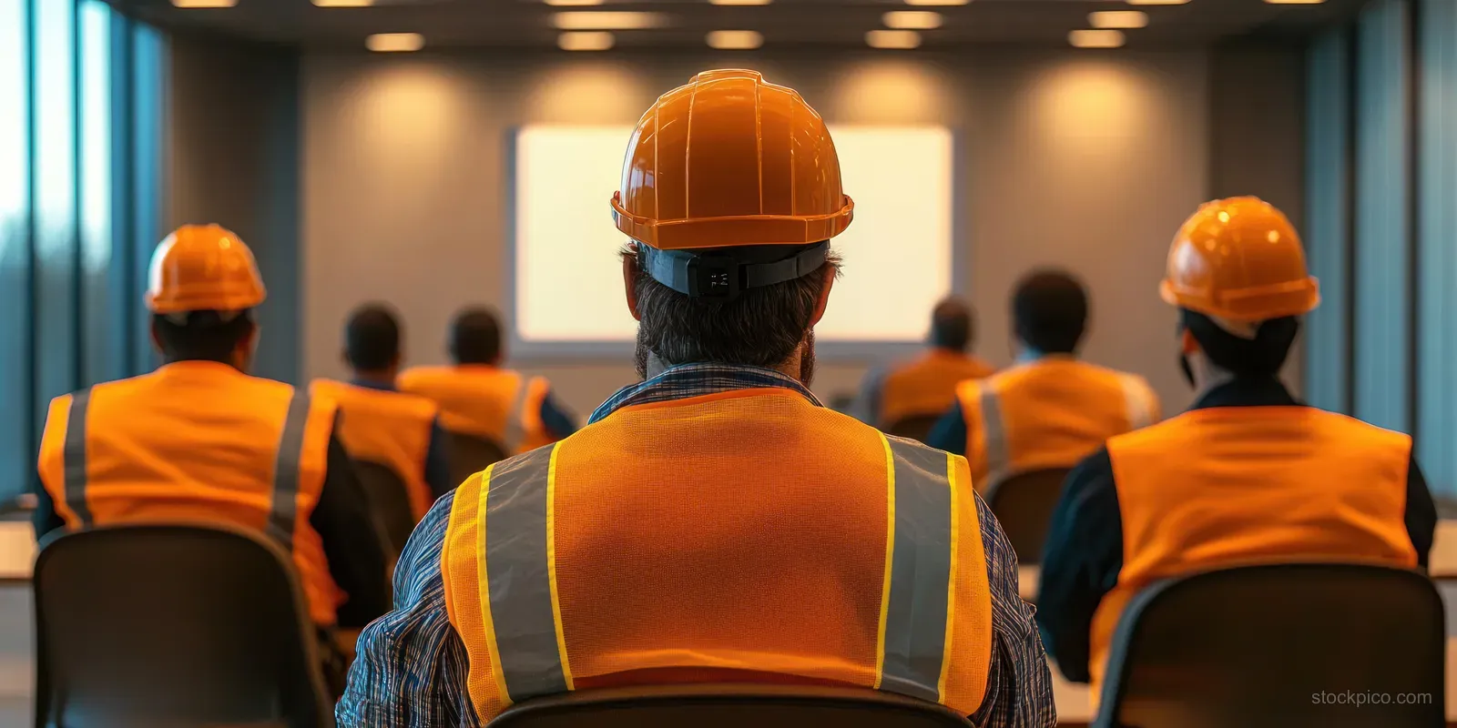 Construction workers in orange safety vests and helmets seated in a conference room watching a presentation on a screen.