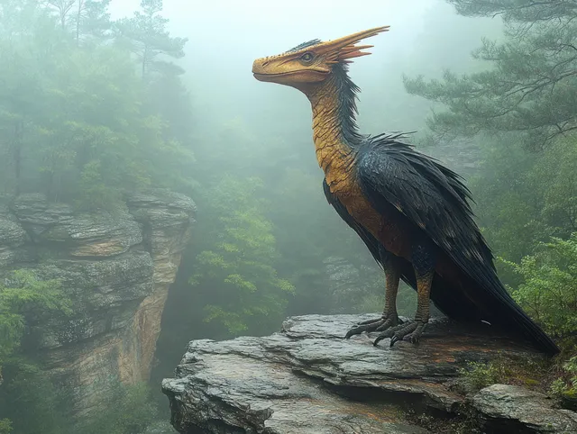 Quetzalcoatlus perches on cliff ledge with wings spread over misty Cretaceous forest gorge