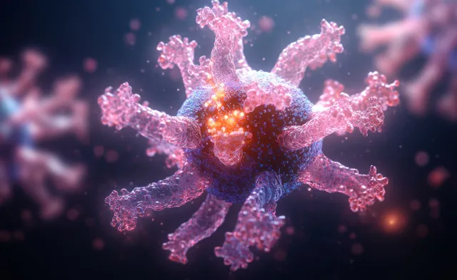 3D virus particle surrounded by pink antibodies in glowing immune response visualization
