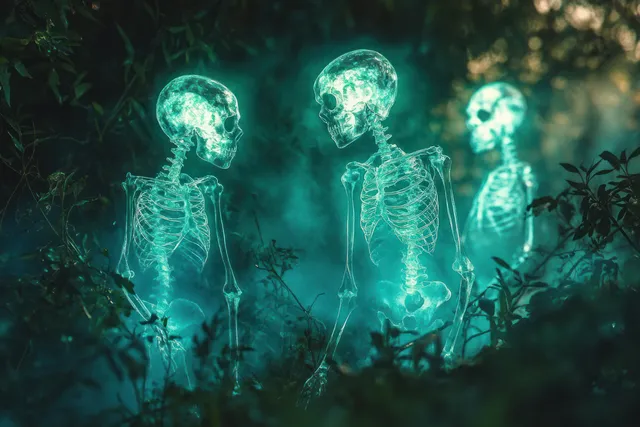 Three glowing translucent skeletons stand in a misty dark forest, surrounded by plants and shadowy branches.