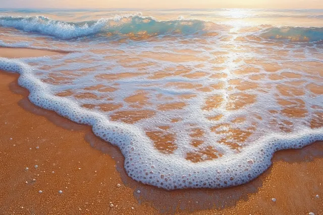 Sunset waves roll onto sandy shore, golden foam patterns and warm light