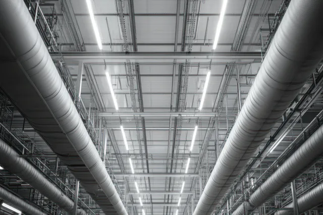 Industrial warehouse ceiling with large ventilation ducts and bright linear overhead lighting fixtures.