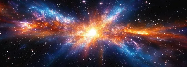 Colorful cosmic nebula explosion with glowing orange and blue gas clouds across starfield