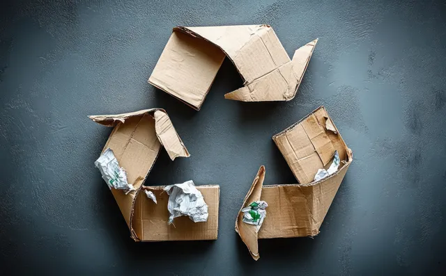 Worn recycled cardboard recycling symbol enclosing crumpled paper pieces on a textured dark gray background.