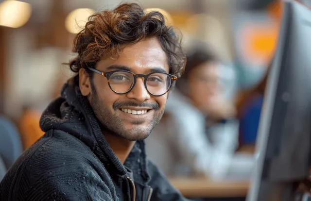 A person with curly hair holds a phone near a desk while coworkers blur in the background.