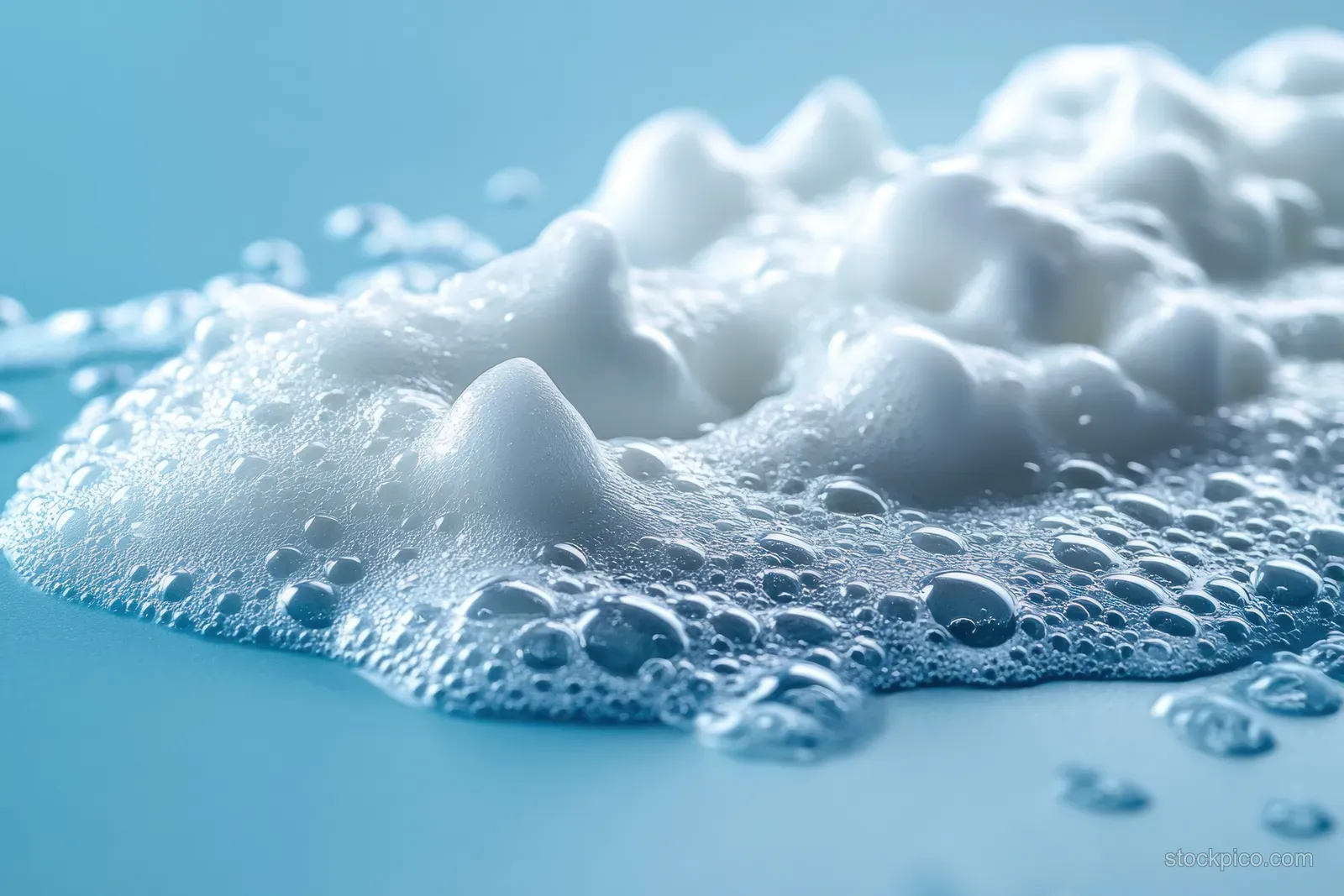 Close-up foam lather spreads on a blue background with tiny bubbles and small droplets.