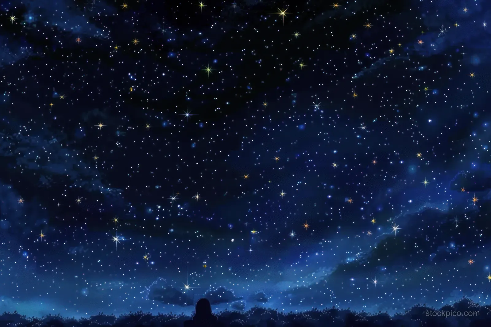 A lone silhouette sits gazing upward at a starry night sky with glowing clouds and twinkling constellations.