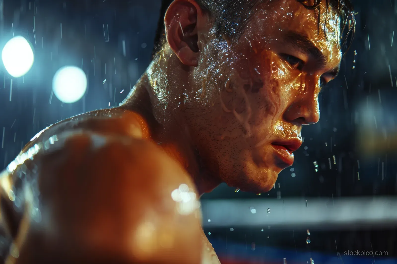 Kazakh boxer tightening his gloves in a rain-splattered boxing ring under bright stadium lights.