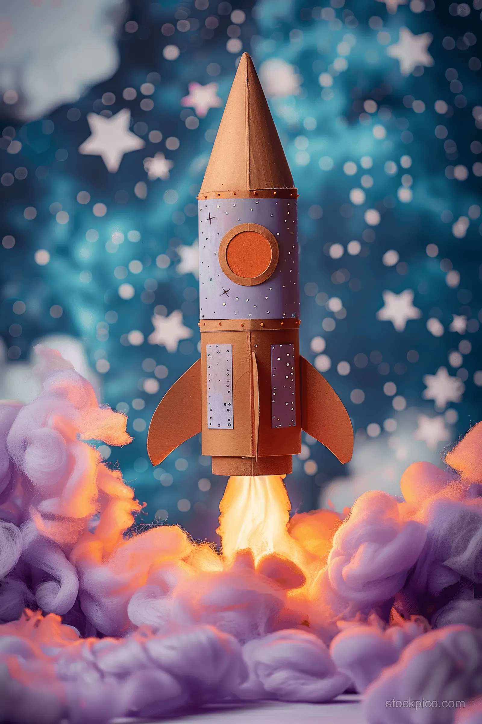 A handmade cardboard rocket launches upward with fire and cotton clouds under a starry night sky.