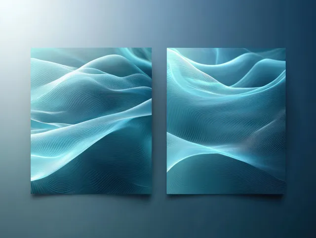 Teal abstract brochure panels float on dark blue background with flowing wave lines