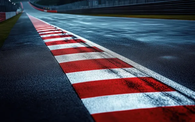 Wet racetrack curb painted with alternating red and white stripes beside dark asphalt under overcast light.