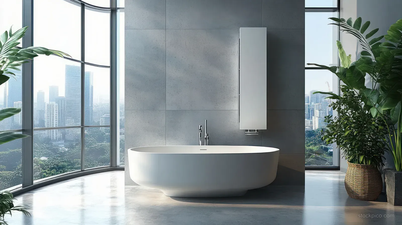 Minimalist bathroom interior showing a freestanding tub, large windows, and a smart water-heater unit near the wall.