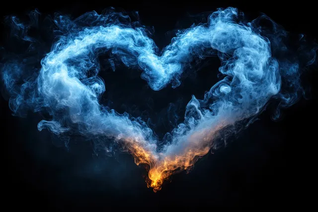 Swirling smoke heart rising from ember, ethereal abstract against deep black