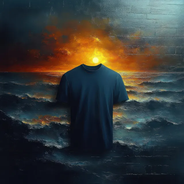 A dark shirt floats above stormy ocean waves with an orange sunset glow behind it.
