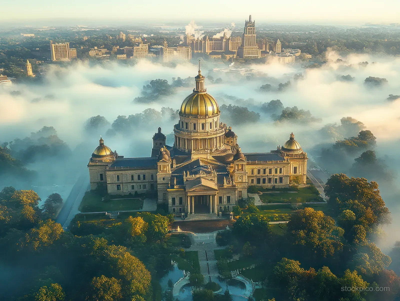 Aerial view of Iowa’s golden-domed capitol building surrounded by trees and morning mist over parks.
