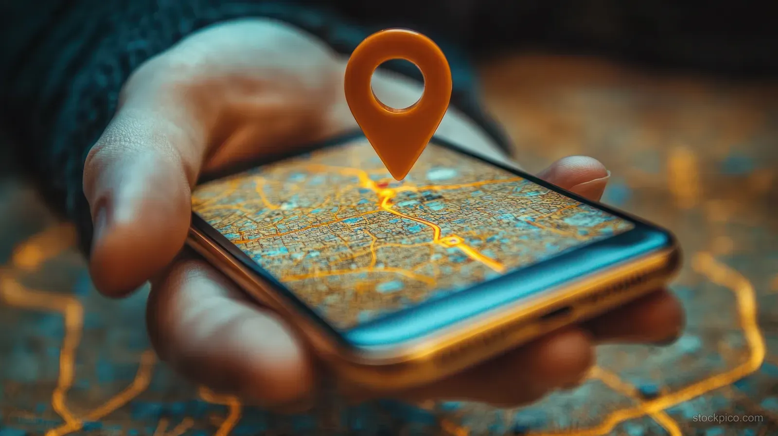 Hand holding a smartphone with a digital map and an orange location pin hovering above the screen.