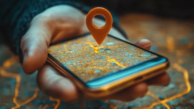 Hand holding a smartphone with a digital map and an orange location pin hovering above the screen.