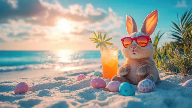 Rabbit wearing red sunglasses relaxing on a sandy beach with Easter eggs at sunset