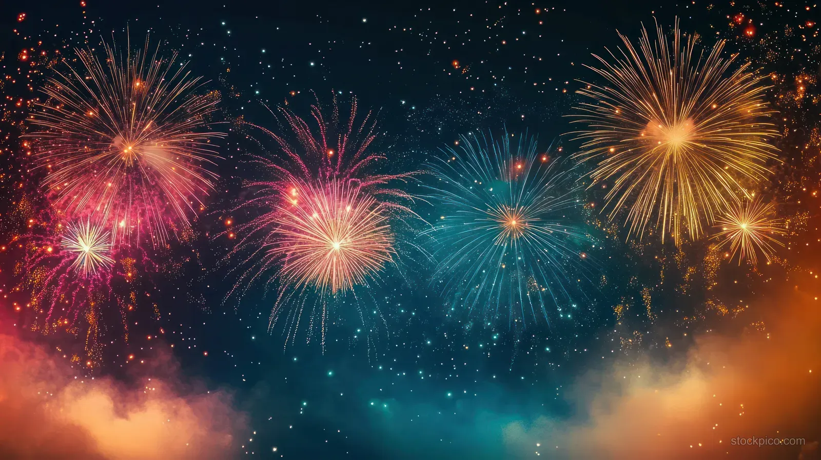 Multicolored fireworks burst in the night sky with glowing smoke and sparkling star-like sparks.