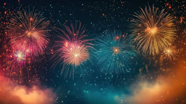 Multicolored fireworks burst in the night sky with glowing smoke and sparkling star-like sparks.
