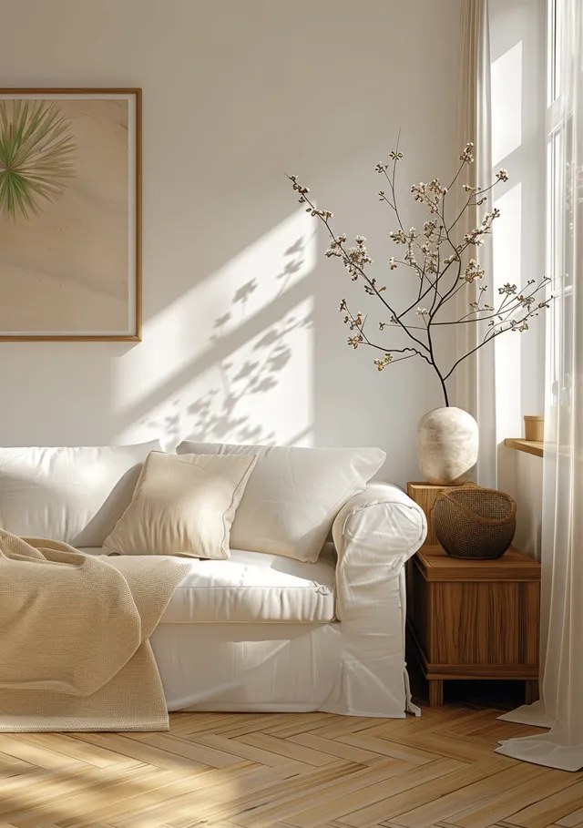 White sofa and wooden sideboard in a sunlit coastal living room with plant by the window and shadow patterns on the wall.