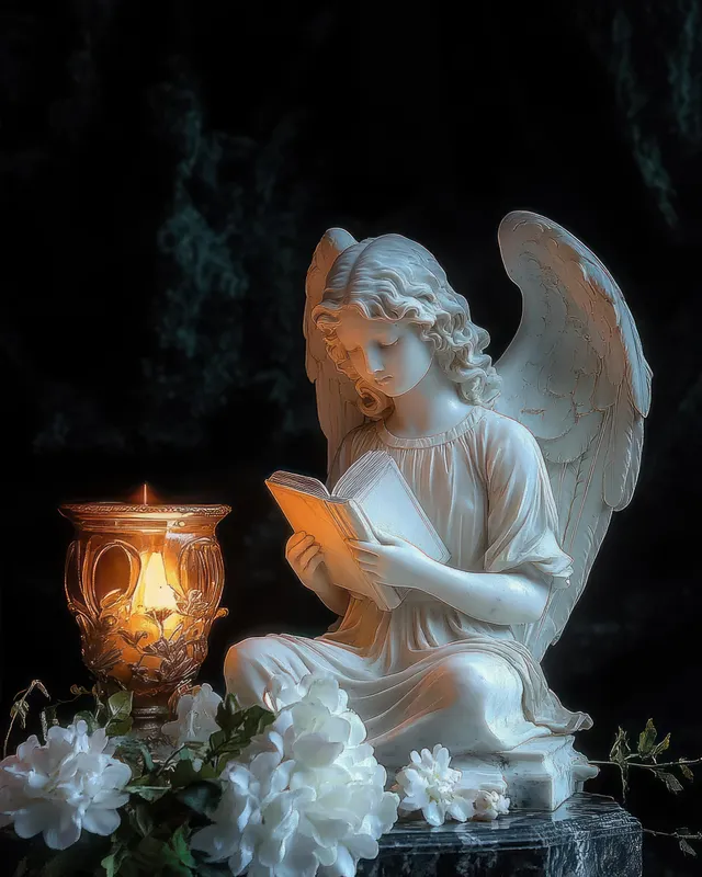 White angel statue seated reading a book beside a lit candle with white flowers against a dark background.
