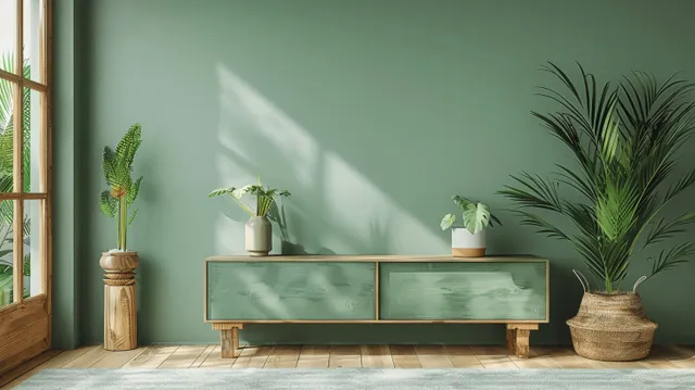 Mint green console cabinet with plants sits against a green wall while sunlight enters from a window.