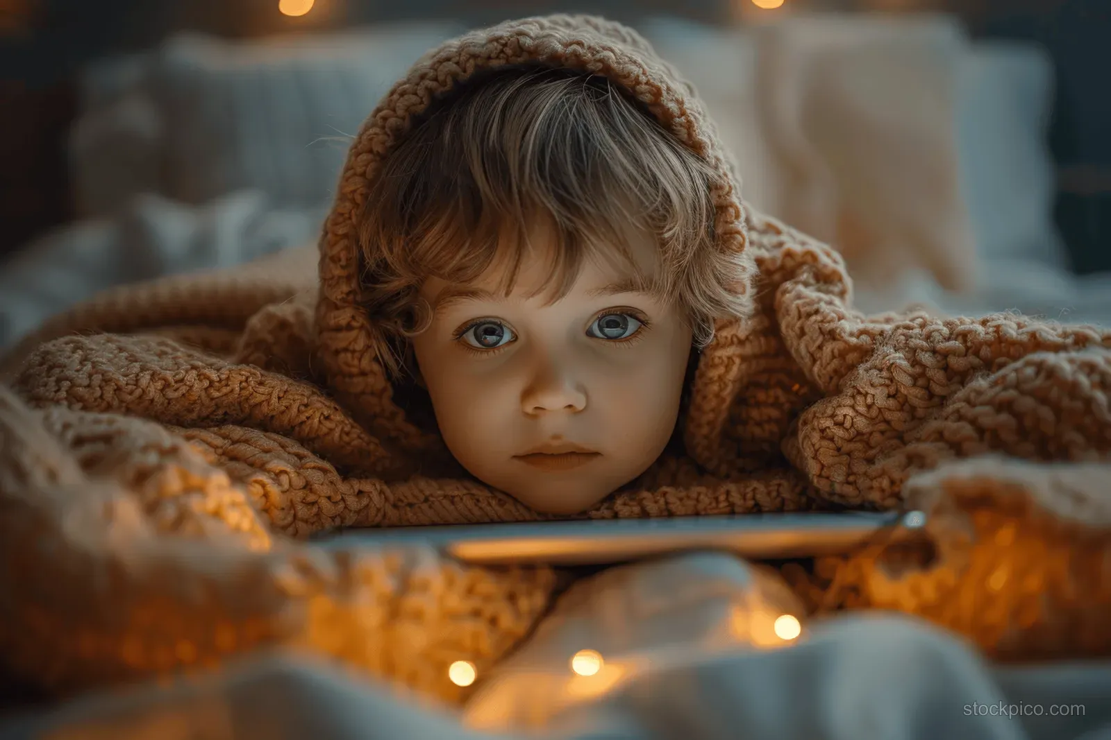 A young boy under a blanket stares at a tablet screen as nighttime bedside lights softly glow.