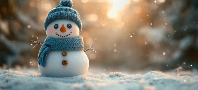A masked snowman in a blue hat and scarf stands in snowy ground with warm glowing bokeh lights behind.