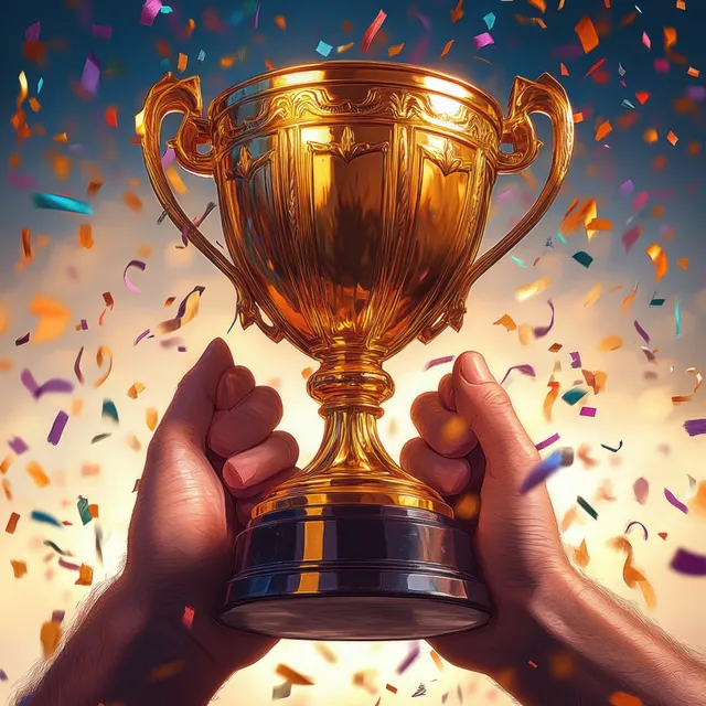 Two hands lift an ornate golden trophy cup as colorful confetti falls in the background.