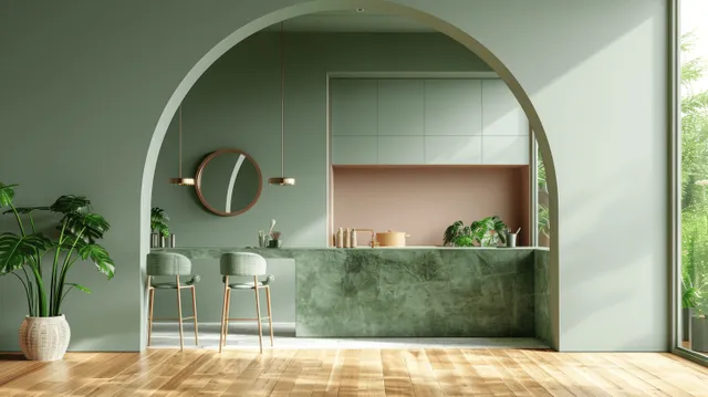 Minimal kitchen interior with a dark green arched niche, vanity mirror, stools, and warm wooden flooring under sunlight.