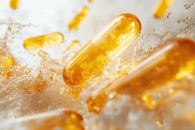 Yellow translucent vitamin capsules suspended with glossy reflections and white background splashes.